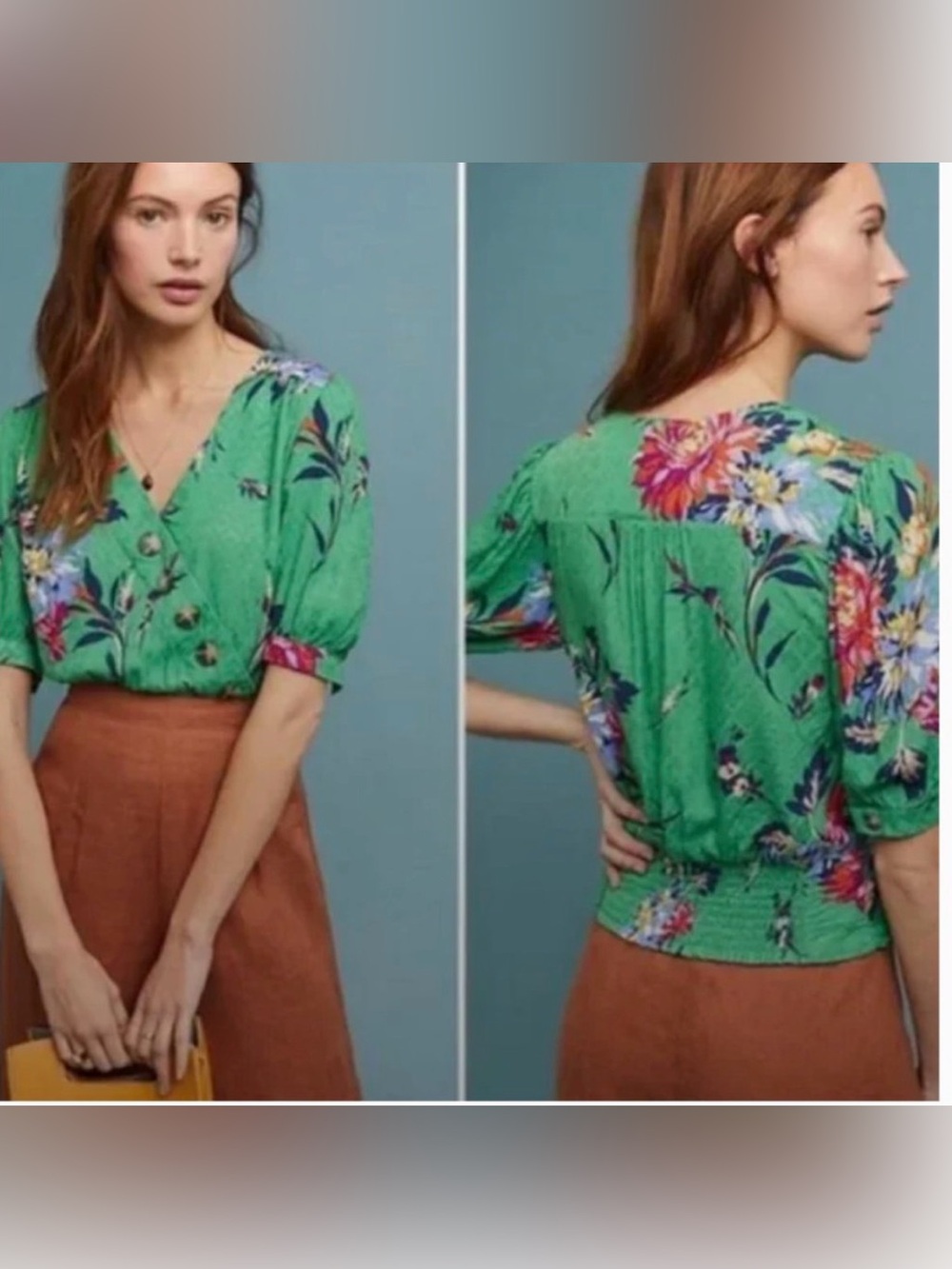 Maeve Green Floral V‑Neck Button Front Women's Top